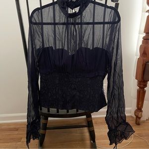Fotini Sheer Long Sleeve Navy Bustier Top